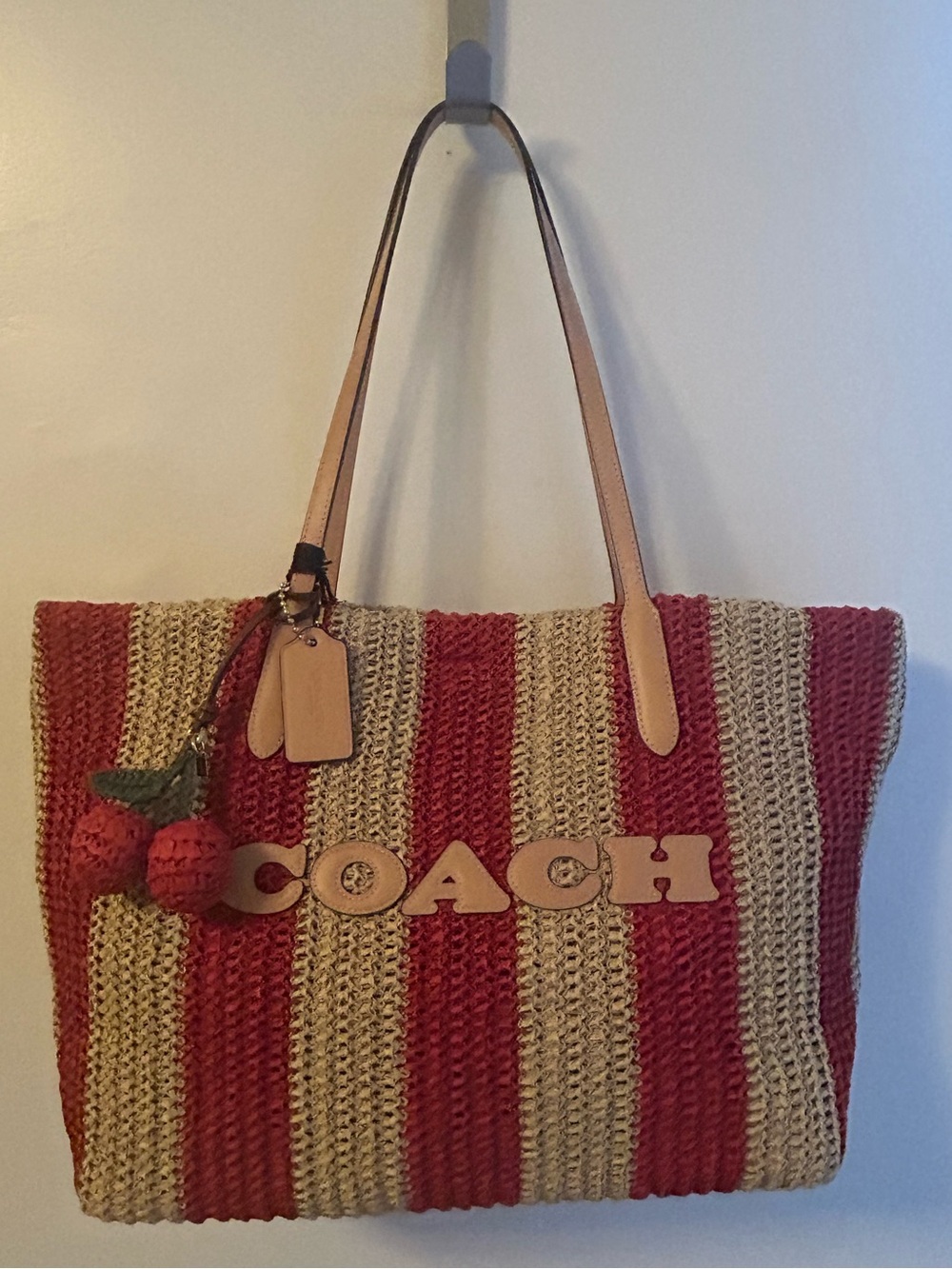 Coach Red & Natural Striped Raffia Tote with Cherry Charm